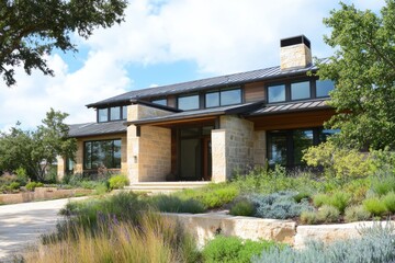 Obraz premium Modern architectural residence with natural landscaping in a serene environment near a lush garden under a clear sky during daytime