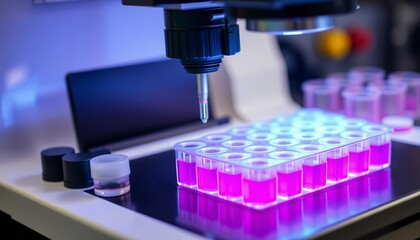 Microplate in spectrophotometer, analyzing samples, medicine, device