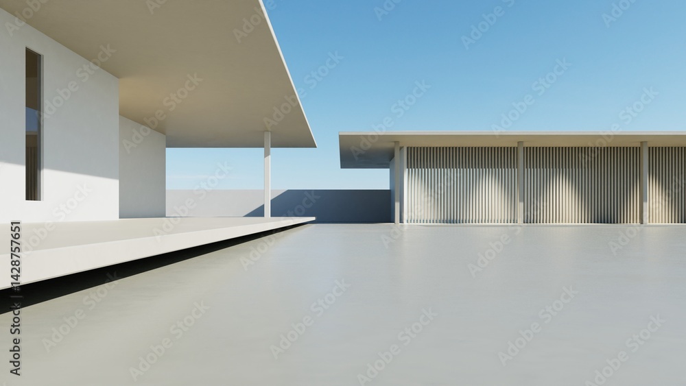 Poster 3d render of modern exterior entrance terrace with large empty concrete wall, abstract architecture