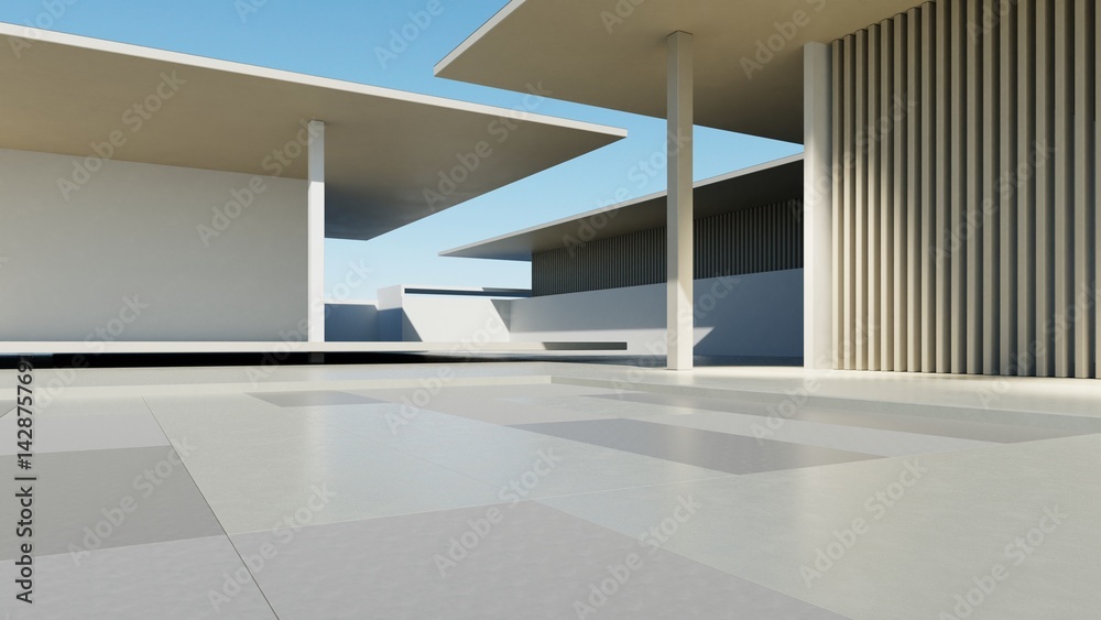 Poster 3d render of modern exterior entrance terrace with large empty concrete wall, abstract architecture