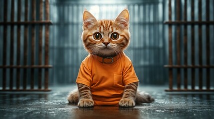 Ginger kitten in an orange jumpsuit behind bars