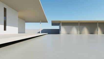 3d render of modern exterior entrance terrace with large empty concrete wall, Abstract architecture