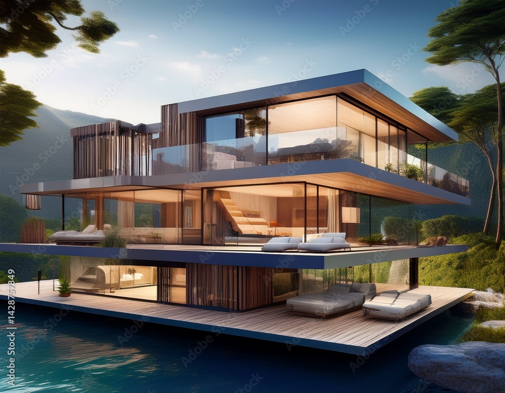 Poster modern floating home architectural design rendering