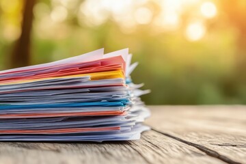 Colorful Stack of Documents Resting on Wooden Surface with Warm Sunlight Backdrop