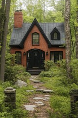 Charming brick cottage nestled in a vibrant green forest surrounded by lush foliage and stone pathways, creating a serene retreat in nature