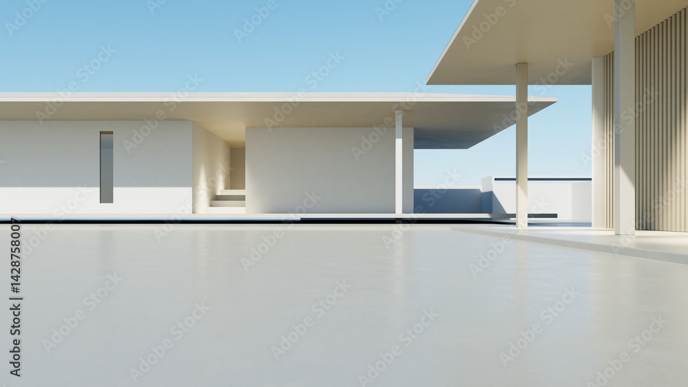 Poster 3d render of modern exterior entrance terrace with large empty concrete wall, abstract architecture