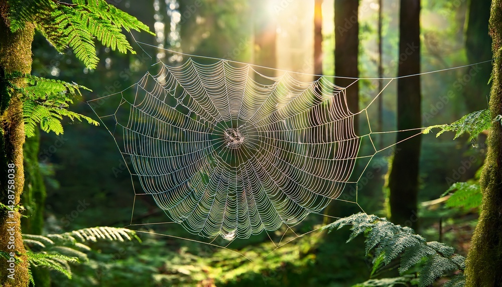 Aufkleber lush green forest with intricate spider web illuminated by sunlight filtering through trees
