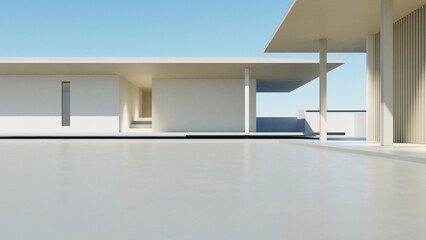 3d render of modern exterior entrance terrace with large empty concrete wall, Abstract architecture