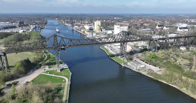 The Rendsburg High Bridge, Rendsburger Hochbrucke, officially Eisenbahnhochbrucke Rendsburg, railway viaduct on the Neumunster Flensburg line that also serves as a transporter bridge. The bridge