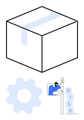 Large cube, cogwheel, person measuring blocks labeled RISK. Ideal for project management, risk analysis, process optimization, decision-making, innovation, problem-solving and simple landing page