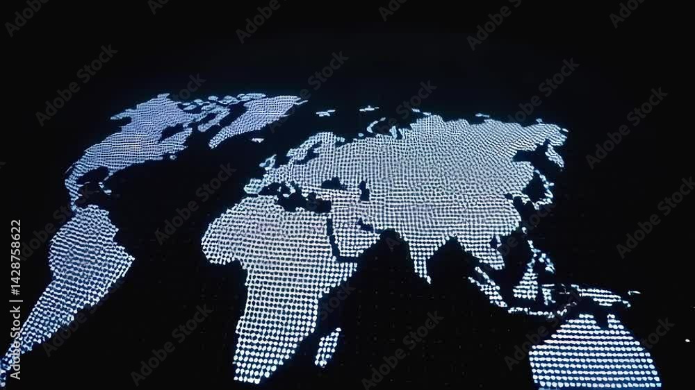 Poster digital representation of world map in blue and white glowing dots on a black background in futurist