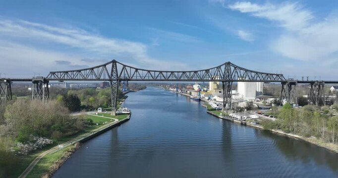 The Rendsburg High Bridge, Rendsburger Hochbrucke, officially Eisenbahnhochbrucke Rendsburg, railway viaduct on the Neumunster Flensburg line that also serves as a transporter bridge. The bridge