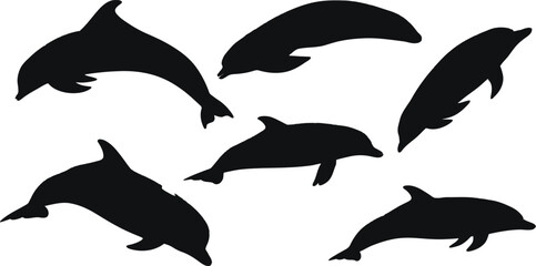 Silhouette illustration showing a group of dolphins swimming on a white background in various positions
