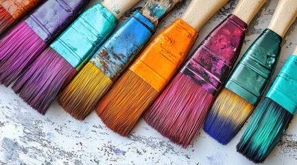 Row of vibrant paintbrushes with colorful bristles on distressed surface, art supplies for painting