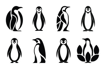 Obraz premium Vector Illustration of Silhouette Penguin Set Featuring Various Poses and Minimalist Designs for Wildlife, Nature, Branding, and Decorative Projects