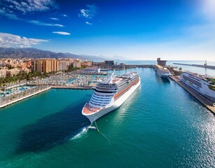 luxurious cruise ship moored at vibrant port of malaga showcasing multiple decks swimming pools and lifeboats against a scenic harbor backdrop ideal for travel tourism and maritime