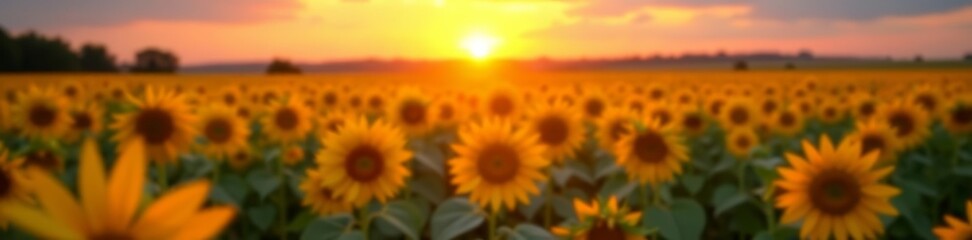The sun setting over a vast sunflower field with twinkling bokeh lights, serene summer scene, sun, lights, summer