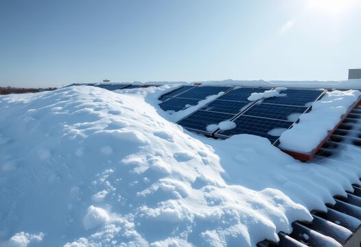 Thick blanket of snow on rooftop solar panels, obscuring sunlight, frost, ice