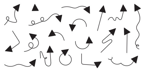 Collection of hand drawn brush arrows. Vector.