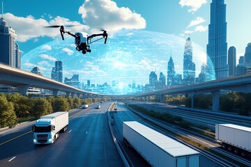 Trucks and drones navigate a futuristic city with a digital world map projected above