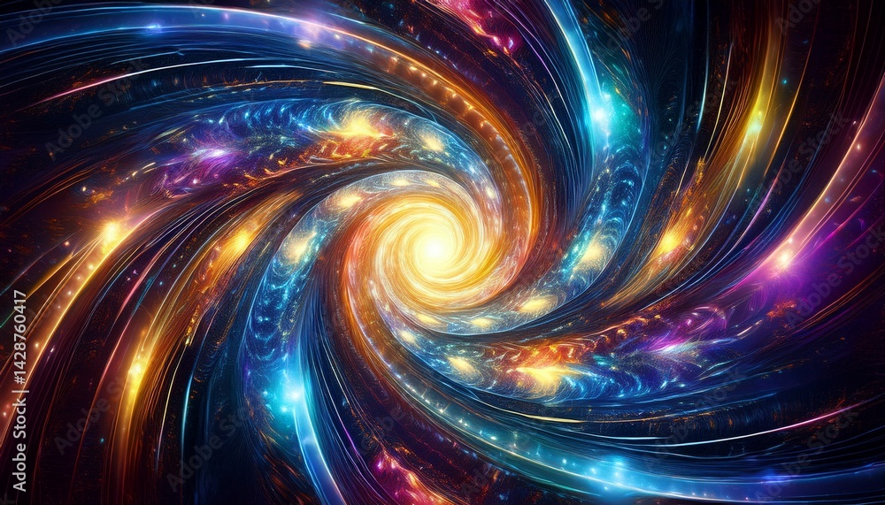 Poster mesmerizing cosmic spiral vortex of vibrant lights and glowing digital energy bursting through the f