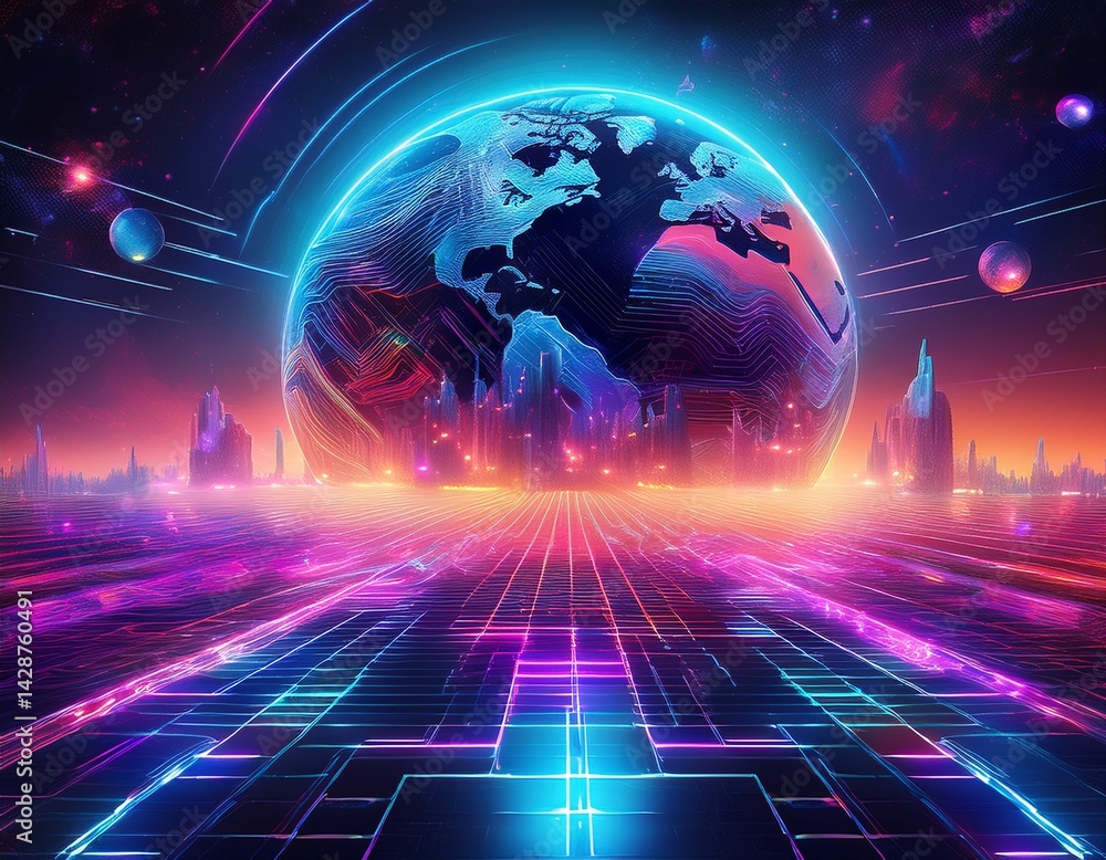Poster metaverse digital world cyber space background neon colorful global world in cyber space future ener
