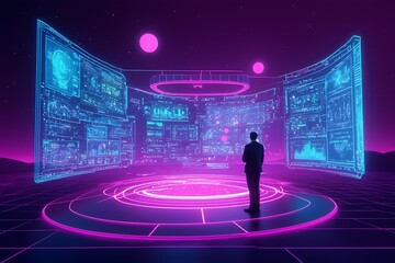 Obraz premium High-tech virtual reality setup in a futuristic control room with digital interfaces and vibrant lighting