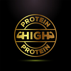 High protein icon, High protein label design for packaging, Nutrition healthy eating badge in gold color style