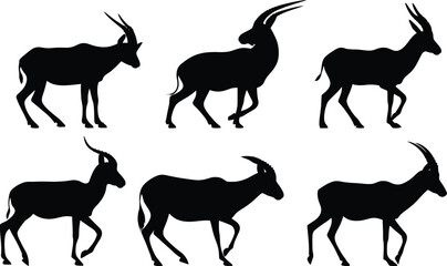 A collection of six similar antelope silhouettes in various walking poses on a white background