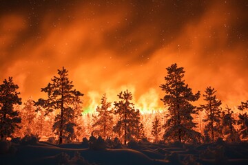 Fiery night sky over snowy forest
