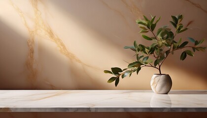 minimal empty white marble stone counter table top green tree in sunlight leaf shadow on beige brown marble background generative ai