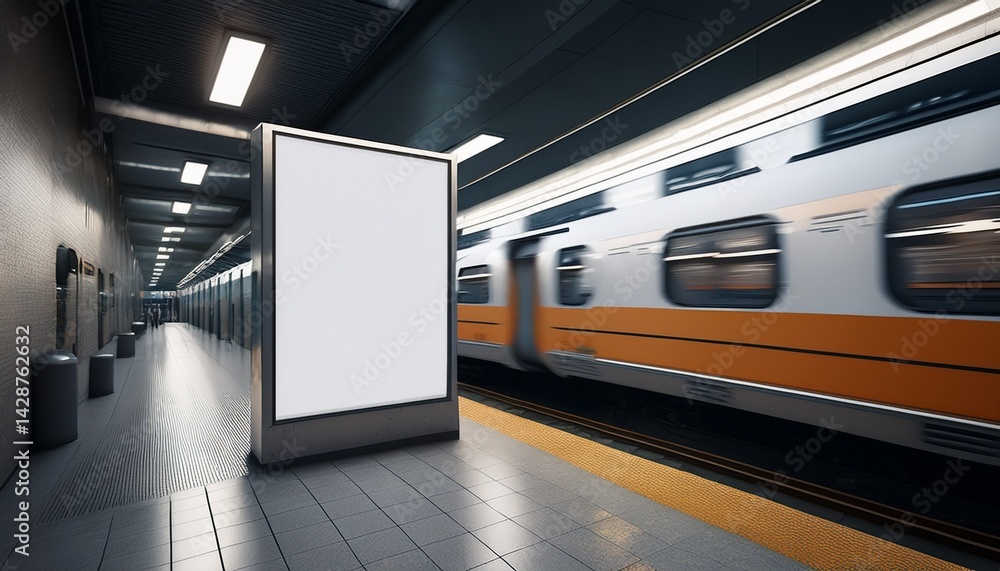 Poster mock up poster media template ads display in nyc train subway station with moving train on backgroun