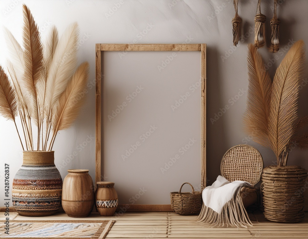 Poster mockup frame in nomadic boho interior background with rustic decor 3d render