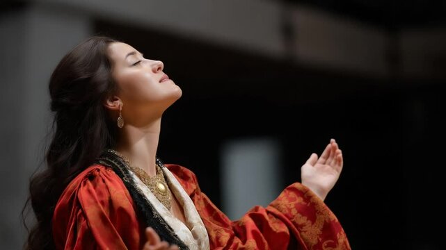 Captivating opera singer performs passionately on stage in an elaborate costume.