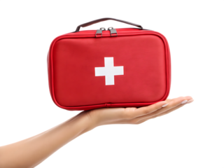 female hand holding red first aid medical kit bag isolated on white background, PNG