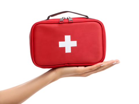 female hand holding red first aid medical kit bag isolated on white background, PNG