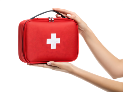 female hand holding red first aid medical kit bag isolated on white background, PNG
