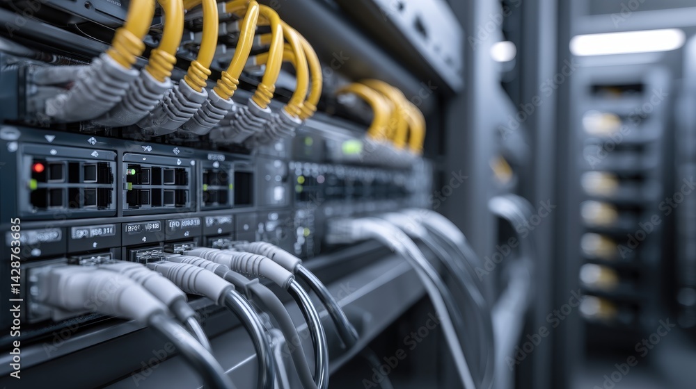 Aufkleber digital data infrastructure: a close-up shot unveils the intricate network of servers and cables in 