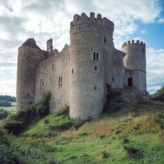 Ancient Medieval Stone Castle Fortress Ruins Perched High Upon Grassy Hillside in Rural Landscape