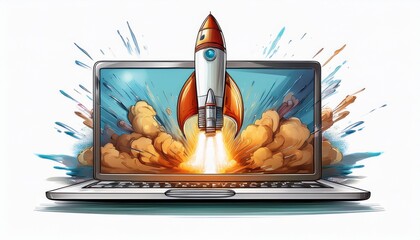 rocket emerging from laptop isolated white background cutout