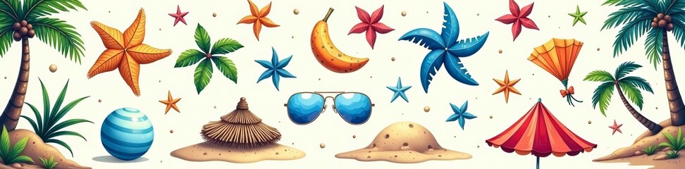 Hand-drawn beach elements in seamless design, ideal for stationery or fabric printing, design, pattern, hand-drawn