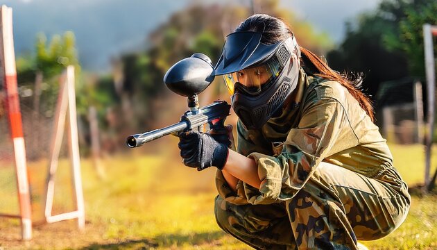 paintball player wearing protective gear and aiming down the sight of their marker during a fast paced game