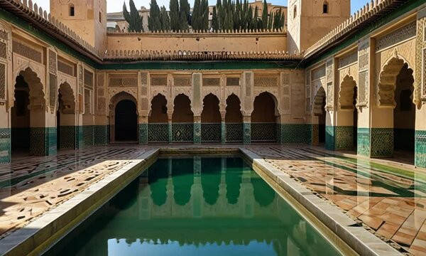 Moorish architecture courtyard featuring a turquoise reflecting pool, traditional Moroccan riad with carved stone arches and zellige tilework