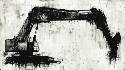 Fototapeta premium Black and white silhouette of a large construction excavator with detailed mechanical arm in a rugged industrial setting on textured background