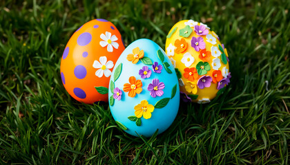 Three Easter eggs on emerald grass