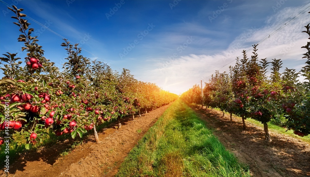 Poster rows of apple trees laden with ripe red fruit extend into the horizon illuminated by warm sunlight n