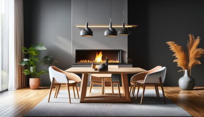modern living room interior with wood floor and fireplace dining table against a dark wall modern minimalist style home design concept