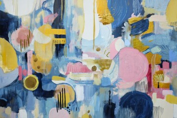 Fototapeta premium Colorful Abstract Art Painting With Yellow Pink and Blue Tones Creating a Dreamy Artistic Atmosphere
