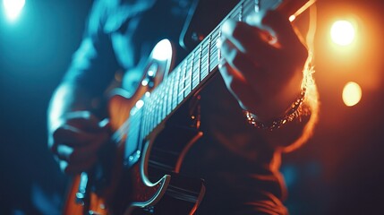 Obraz premium Close-up of a guitarist performing on stage. A captivating image of a musician playing an electric guitar with dynamic lighting