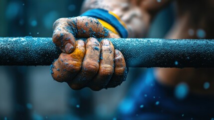 Close-up of a grimy hand gripping a barbell